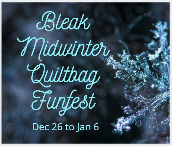 Blurred frosty scene in background; snowflake in foreground; text: Bleak Midwinter Quiltbag Funfest Dec 26 to Jan 6