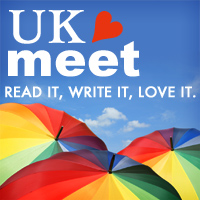 Image of rainbow umbrellas with text "UK meet: Read it, write it, love it"